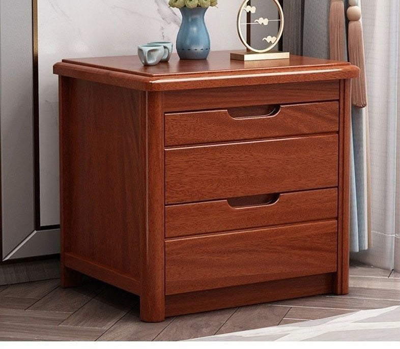 Mahogany-tone wood bedside table with 2 drawers, product photo in a bedroom