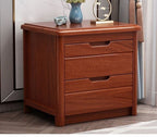 Mahogany-tone wood bedside table with 2 drawers, product photo in a bedroom