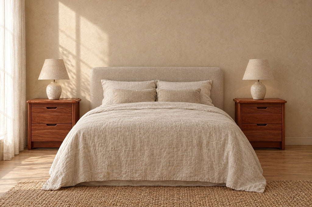 Pair of mahogany-tone wood bedside tables with 2 drawers on each side of a double bed