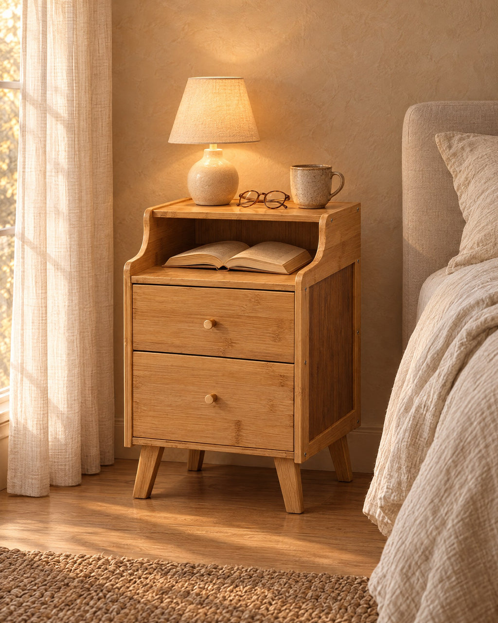Narrow natural bamboo bedside table with an open niche, a lamp switched on and an open book in the evening