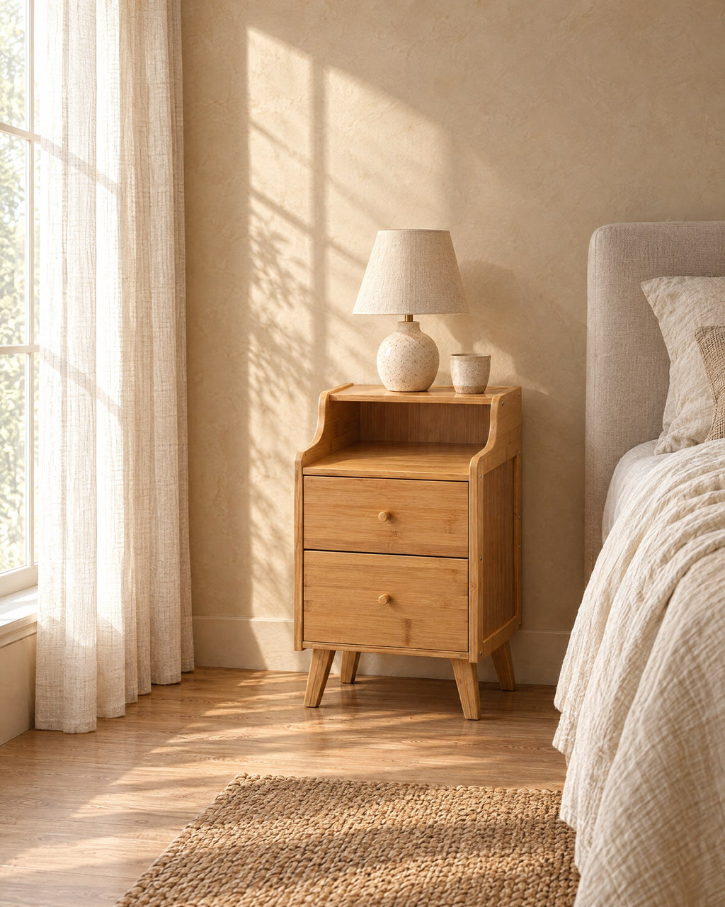 Narrow natural bamboo bedside table with a ceramic lamp in morning light