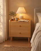 Narrow cherry wood-effect bedside table with two drawers, lamp switched on in the evening