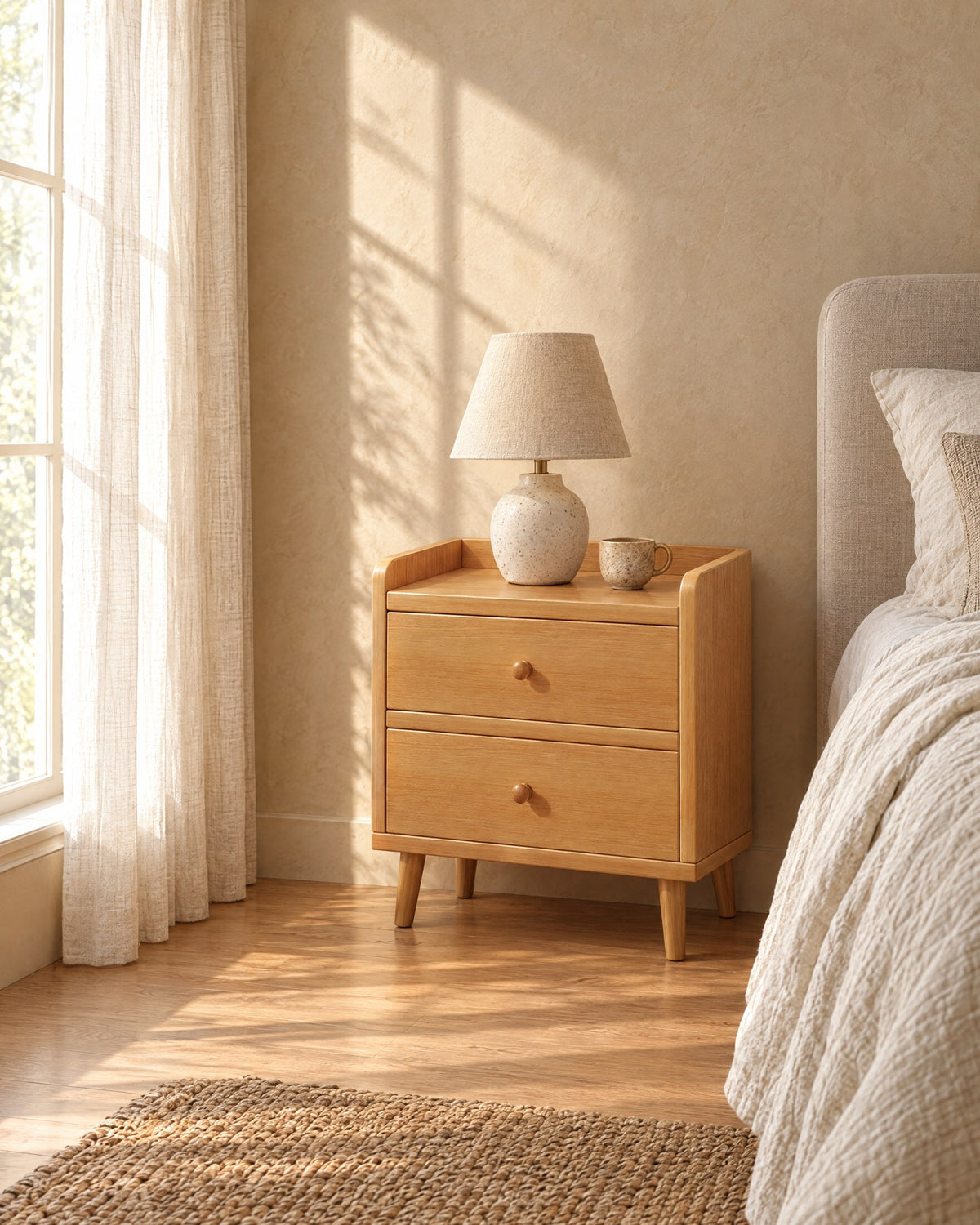 Narrow cherry bedside table with two drawers in morning light