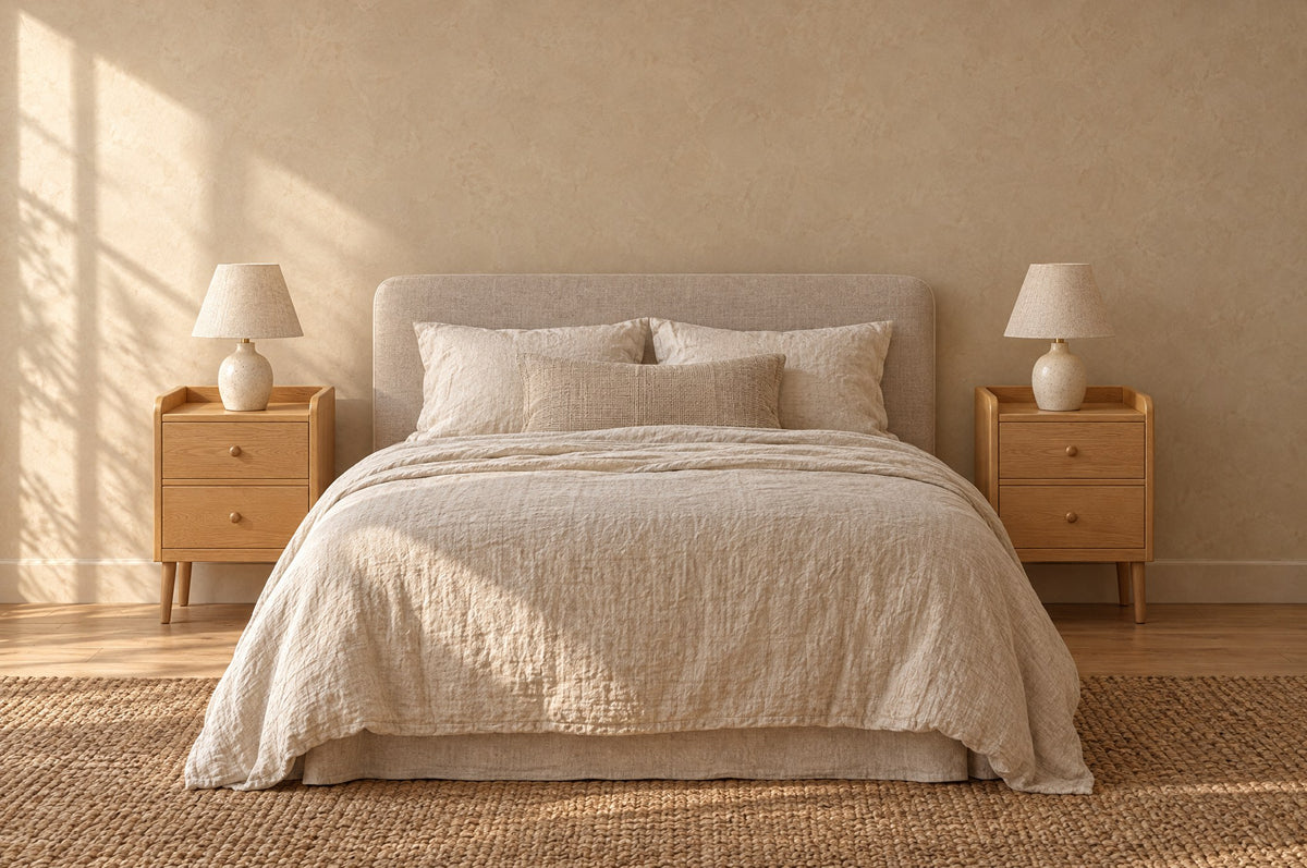 Pair of narrow cherry bedside tables on each side of a double bed