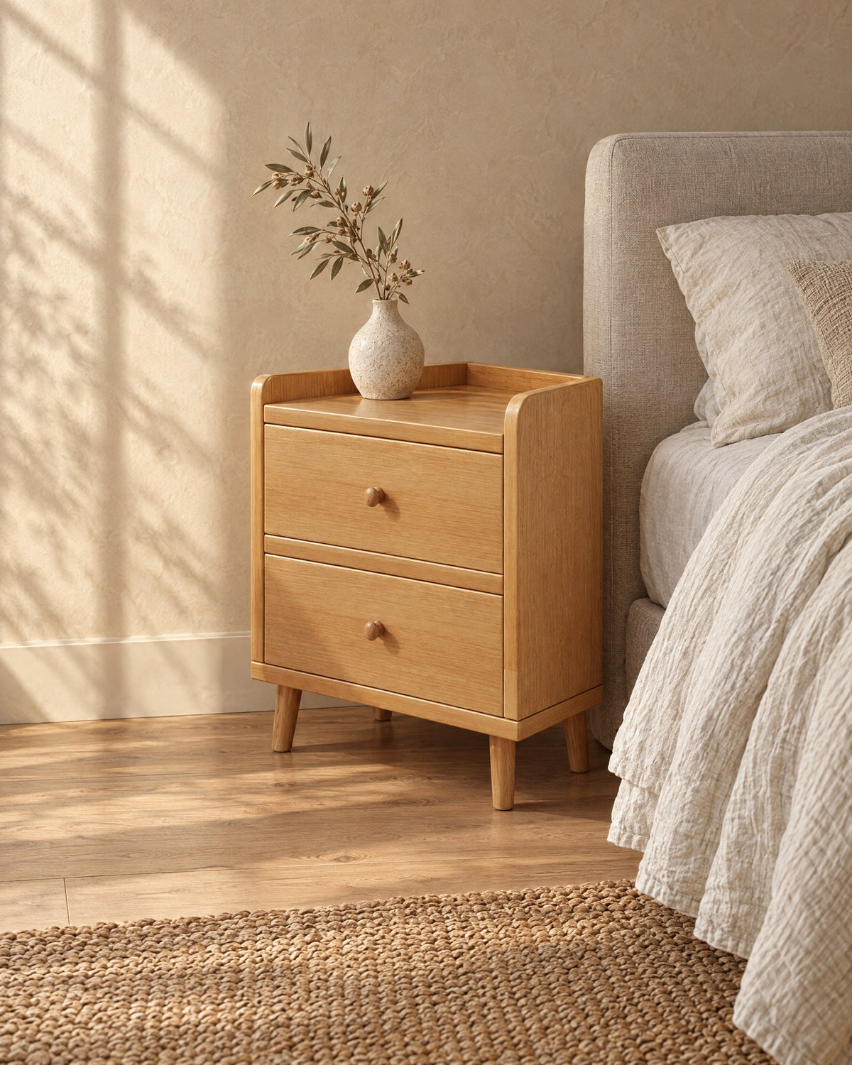 Three-quarter view of the narrow cherry bedside table showing the raised rim and tapered legs