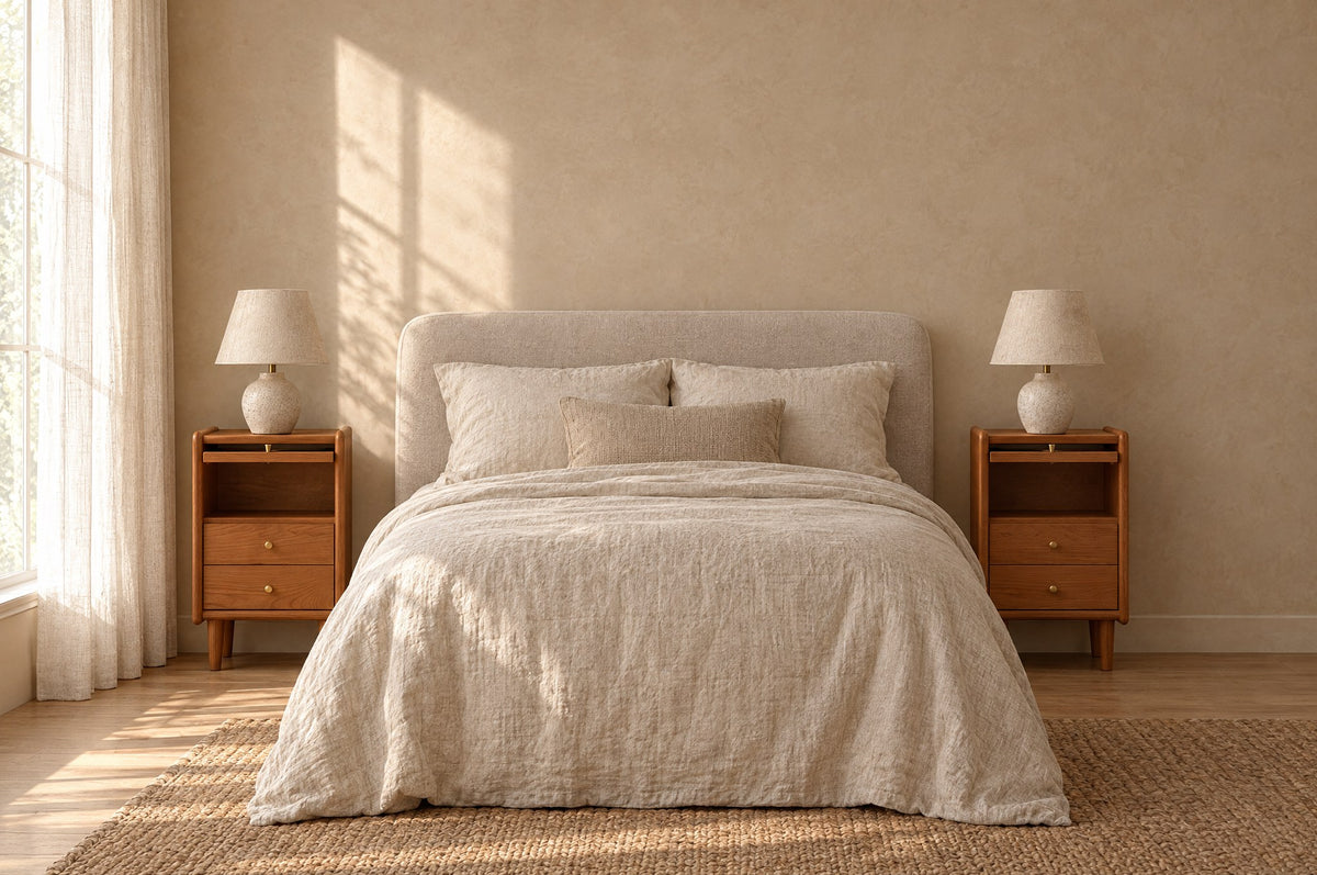 Pair of narrow cherry wood bedside tables on each side of a double bed