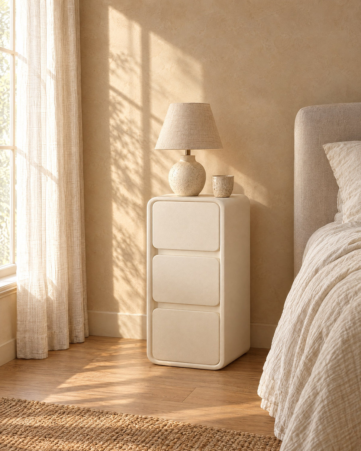 Narrow cream bedside table with three handle-free drawers with a ceramic lamp in warm morning light