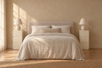 Pair of narrow cream bedside tables with three drawers on each side of a double bed