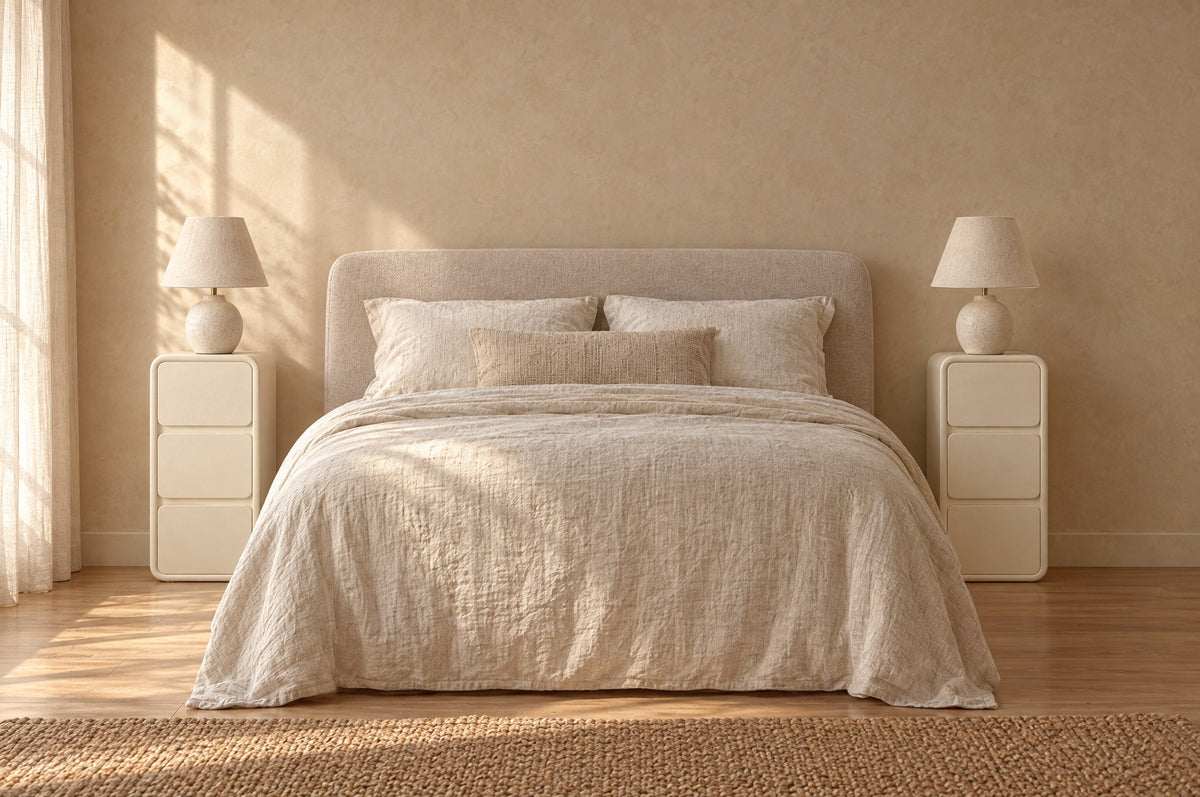 Pair of narrow cream bedside tables with three drawers on each side of a double bed