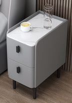 Front view of the narrow Grey Bedside Table with 2 Drawers and Black Legs