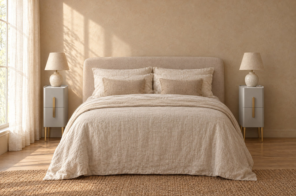 Pair of narrow grey bedside tables with gold legs on each side of a double bed