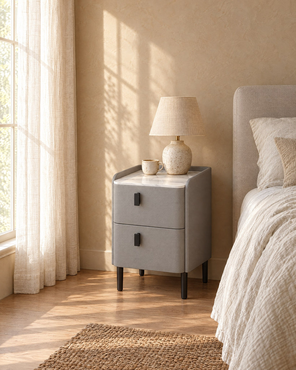 Narrow Grey Bedside Table in warm morning light