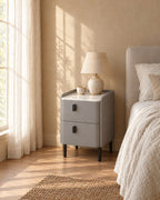 Narrow Grey Bedside Table in warm morning light