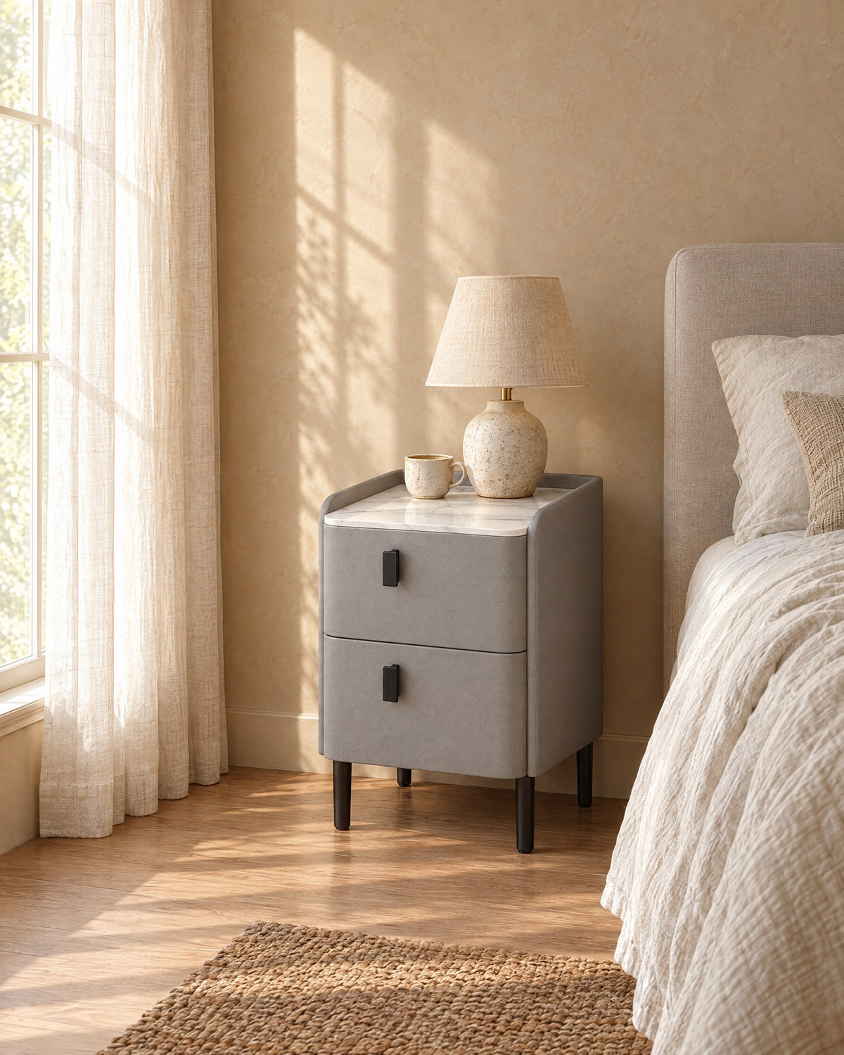Narrow Grey Bedside Table in warm morning light