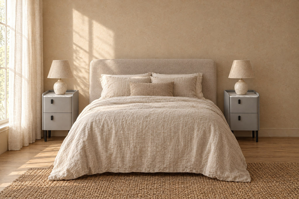 Pair of narrow grey bedside tables on each side of a double bed