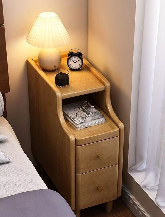 Narrow natural wood bedside table, supplier photograph