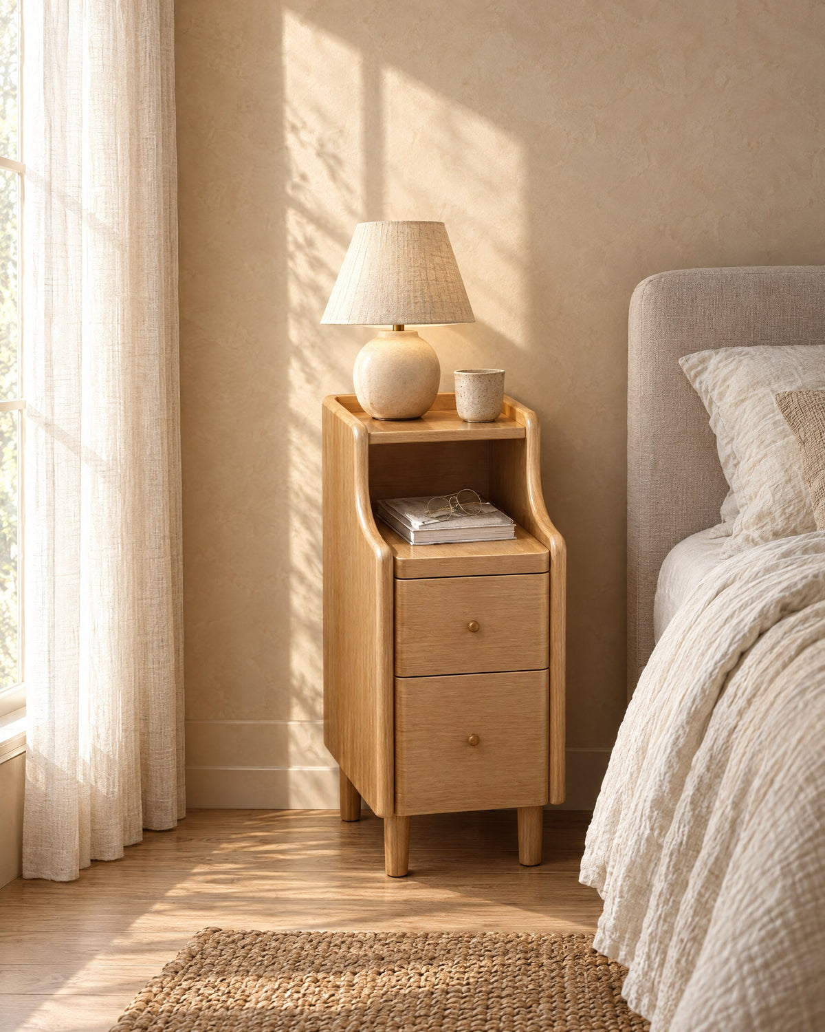 Narrow natural wood bedside table with a ceramic lamp in warm morning light