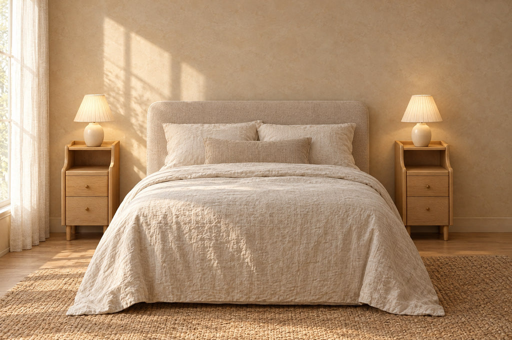 Pair of narrow natural wood bedside tables on each side of a double bed