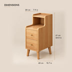 Narrow oak bedside table dimensions: 20 cm wide, 40 cm deep, 61 cm high