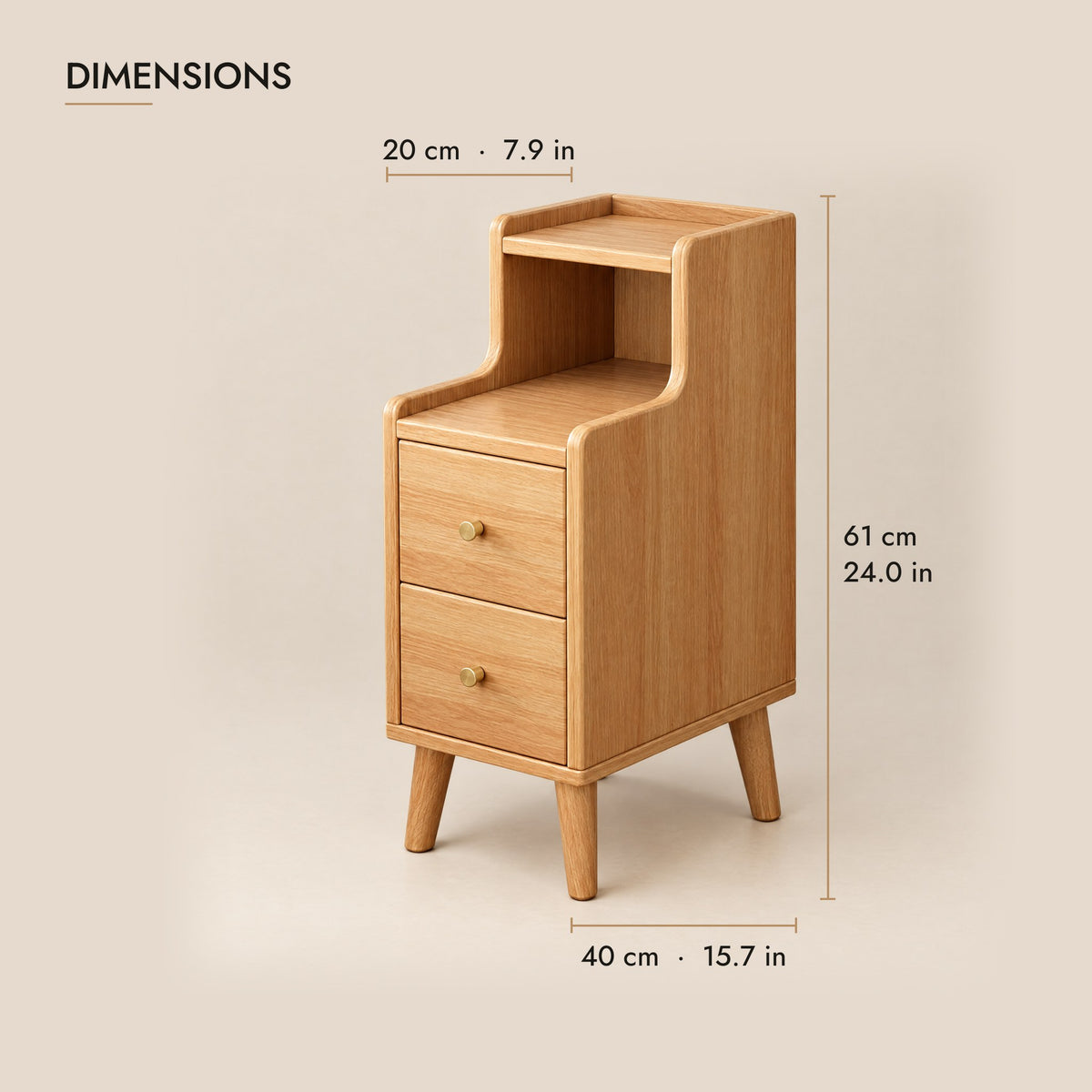 Narrow oak bedside table dimensions: 20 cm wide, 40 cm deep, 61 cm high