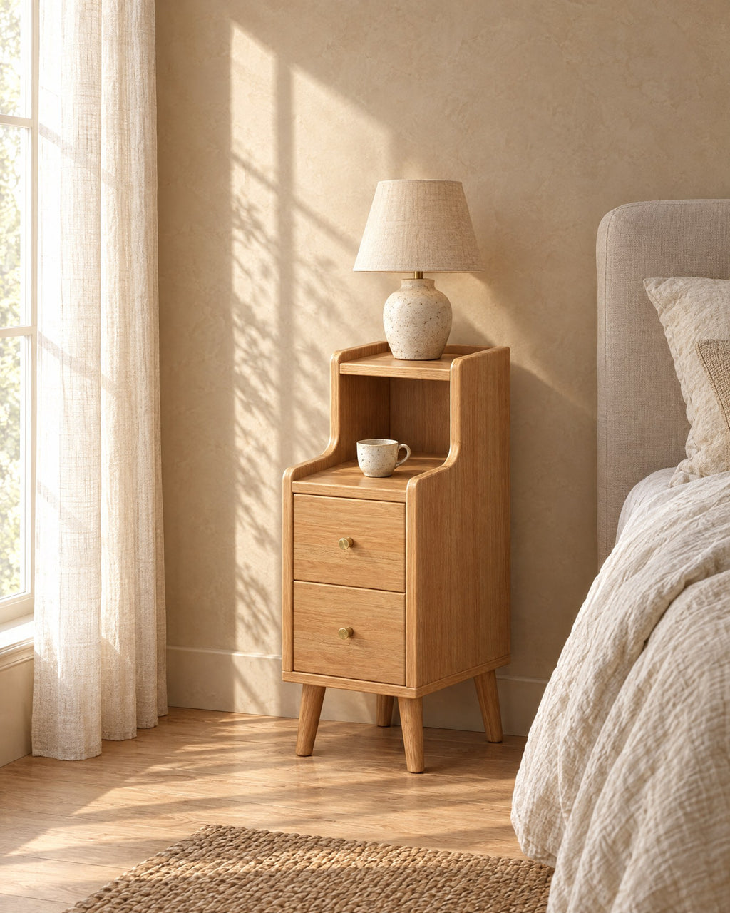 Narrow oak bedside table with an open shelf and a lamp in morning light
