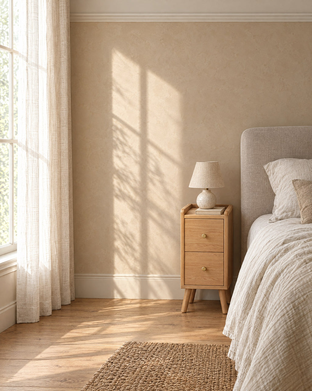Narrow 20 cm oak-effect bedside table beside a linen bed in a British bedroom with a sash window