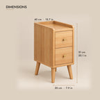 Narrow oak-effect bedside table dimensions: 20 cm wide, 40 cm deep, 51 cm high
