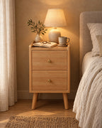 Narrow oak-effect bedside table with a lamp switched on and an open book in the evening