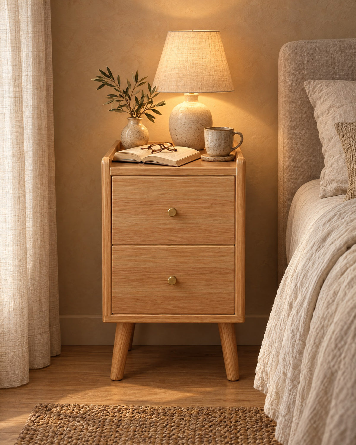 Narrow oak-effect bedside table with a lamp switched on and an open book in the evening