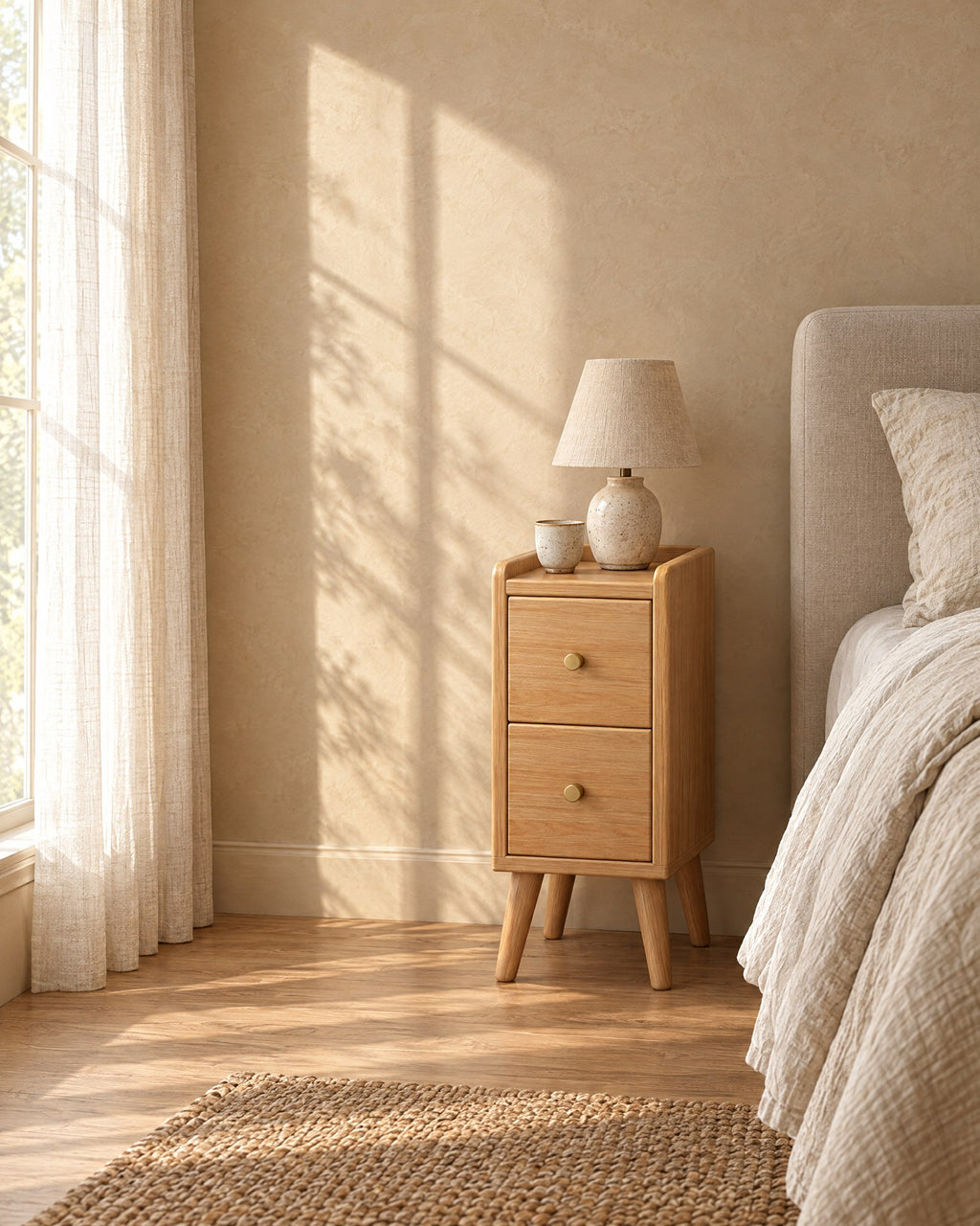 Narrow oak-effect bedside table with two drawers in morning light