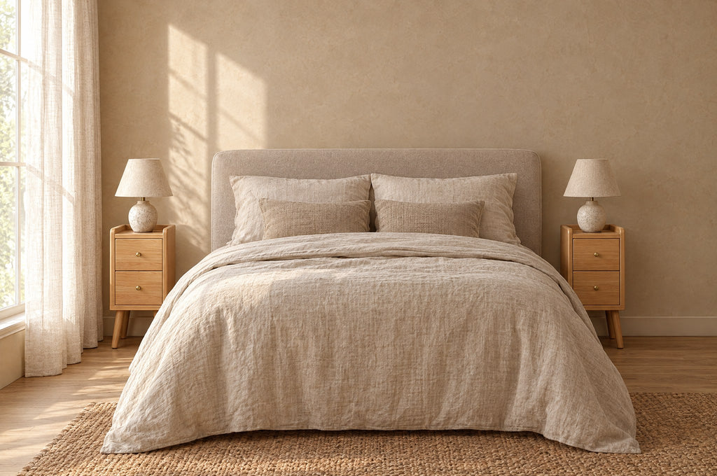 Pair of narrow oak-effect bedside tables on each side of a double bed