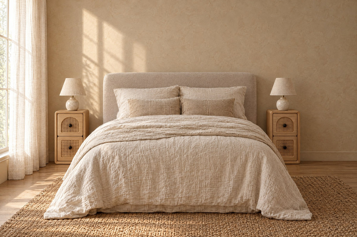 Two narrow natural wood bedside tables with two woven cane drawers on each side of a double bed