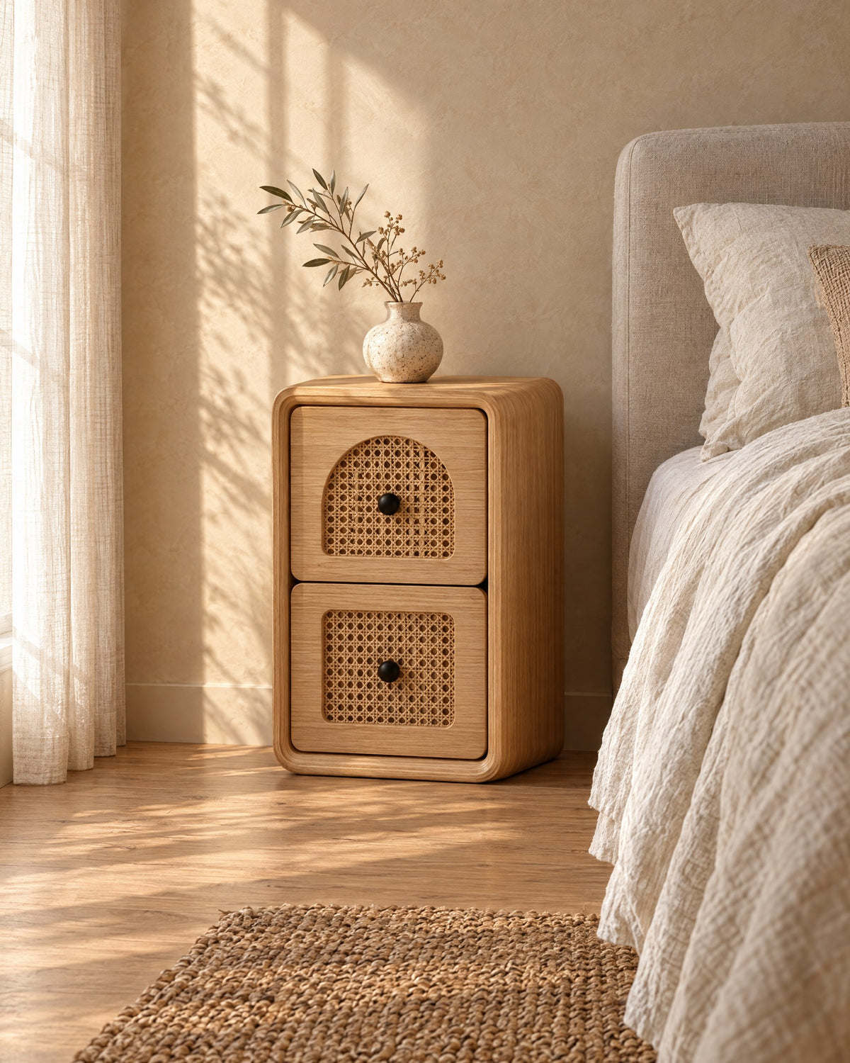Three-quarter view of the narrow natural wood bedside table with two woven cane drawers