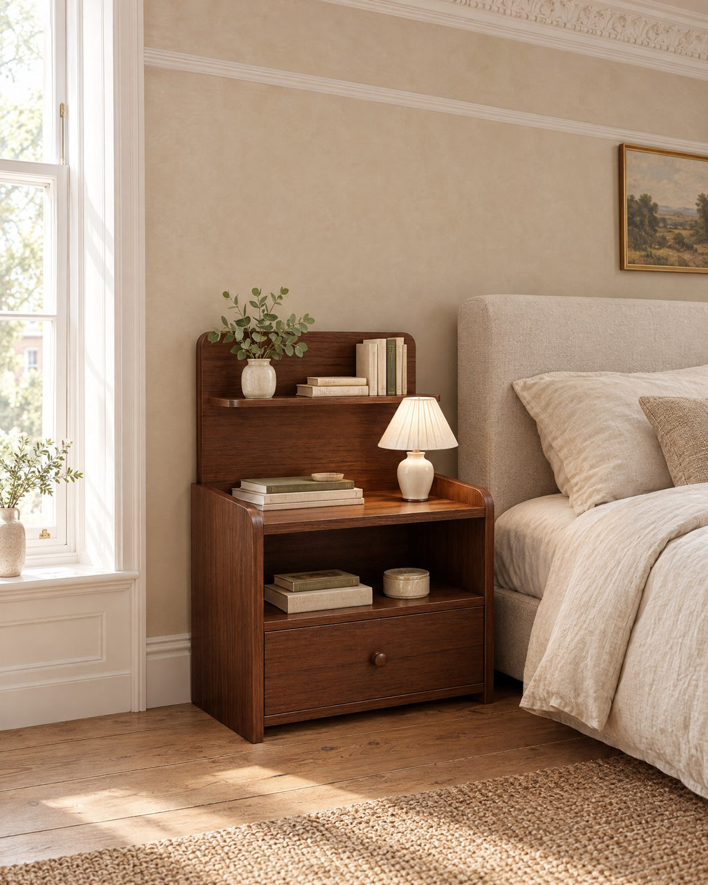 Narrow walnut bedside table beside a linen bed in a British bedroom with a sash window