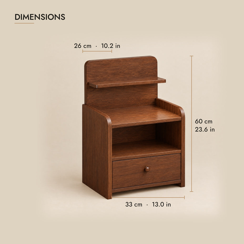 Narrow walnut bedside table dimensions: 33 cm wide, 26 cm deep, 60 cm high overall