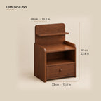 Narrow walnut bedside table dimensions: 33 cm wide, 26 cm deep, 60 cm high overall