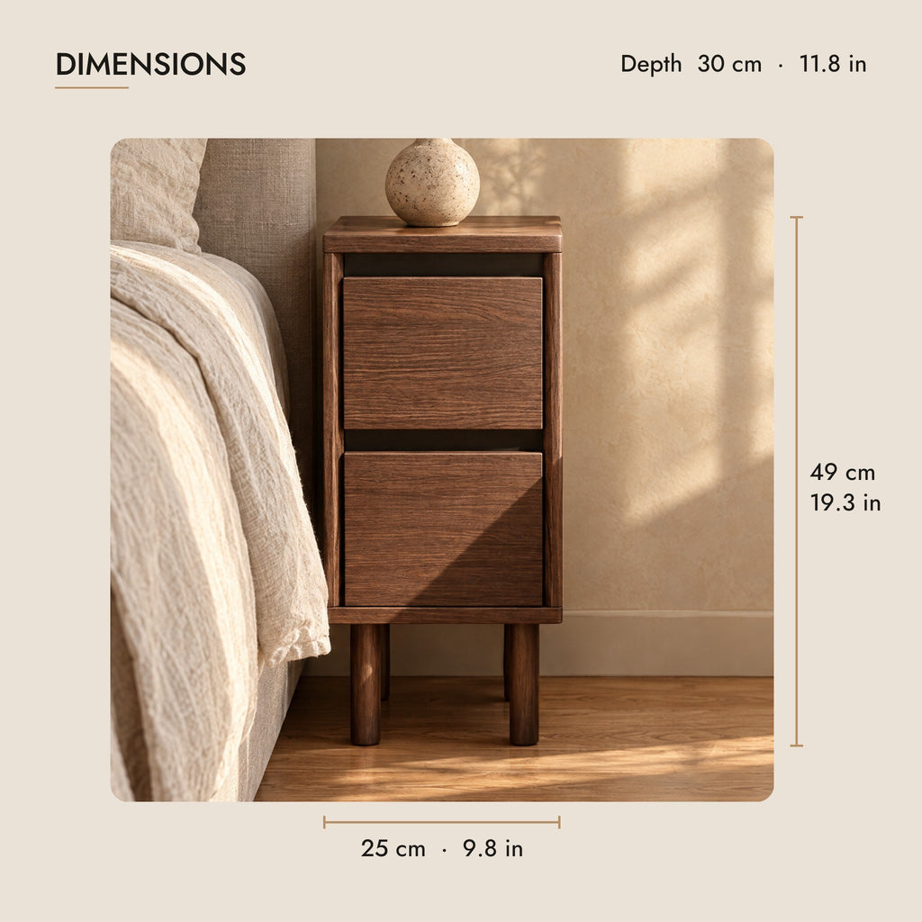 Narrow walnut-effect bedside table dimensions: 25 cm wide, 30 cm deep, 49 cm high