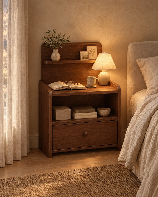 Narrow Walnut Bedside Table with Shelf, Cubby and Drawer