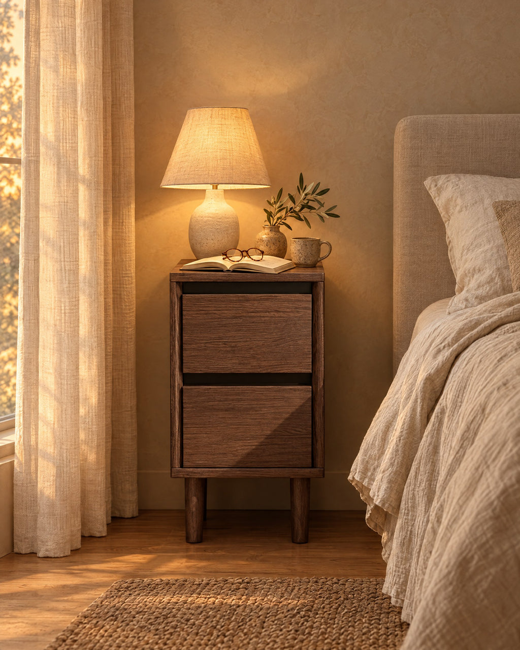 Narrow walnut-effect bedside table with a lamp switched on and an open book in the evening