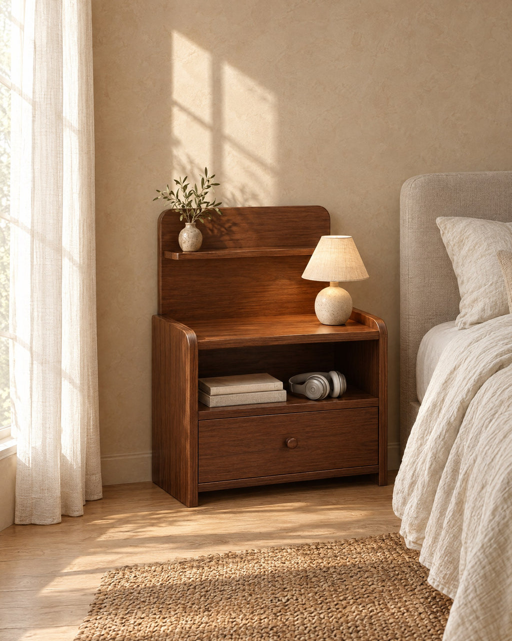 Walnut bedside table with a raised shelf and open cubby in morning light