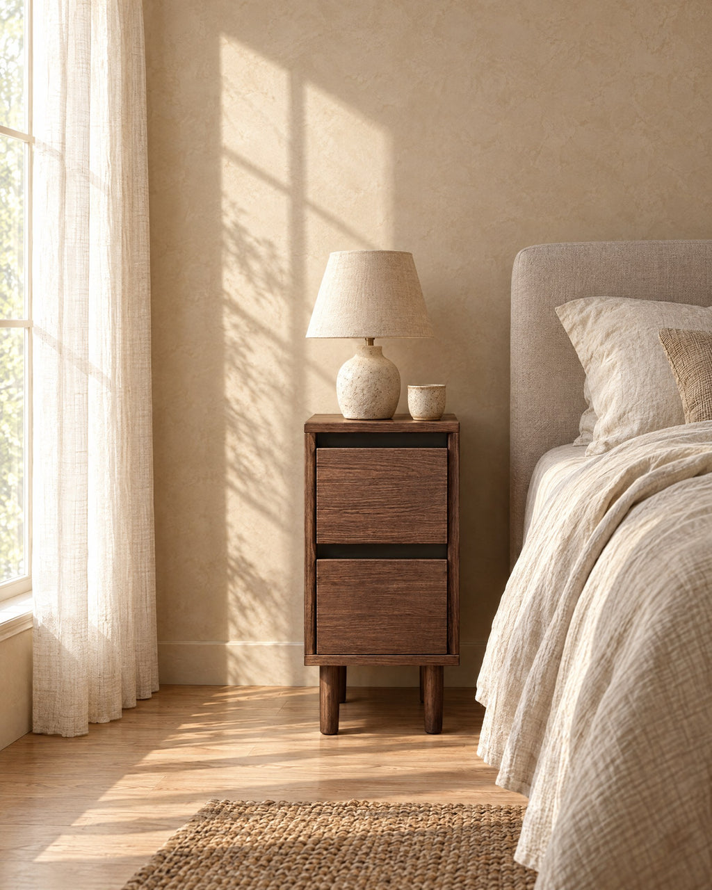 Narrow walnut-effect bedside table with a ceramic lamp in morning light