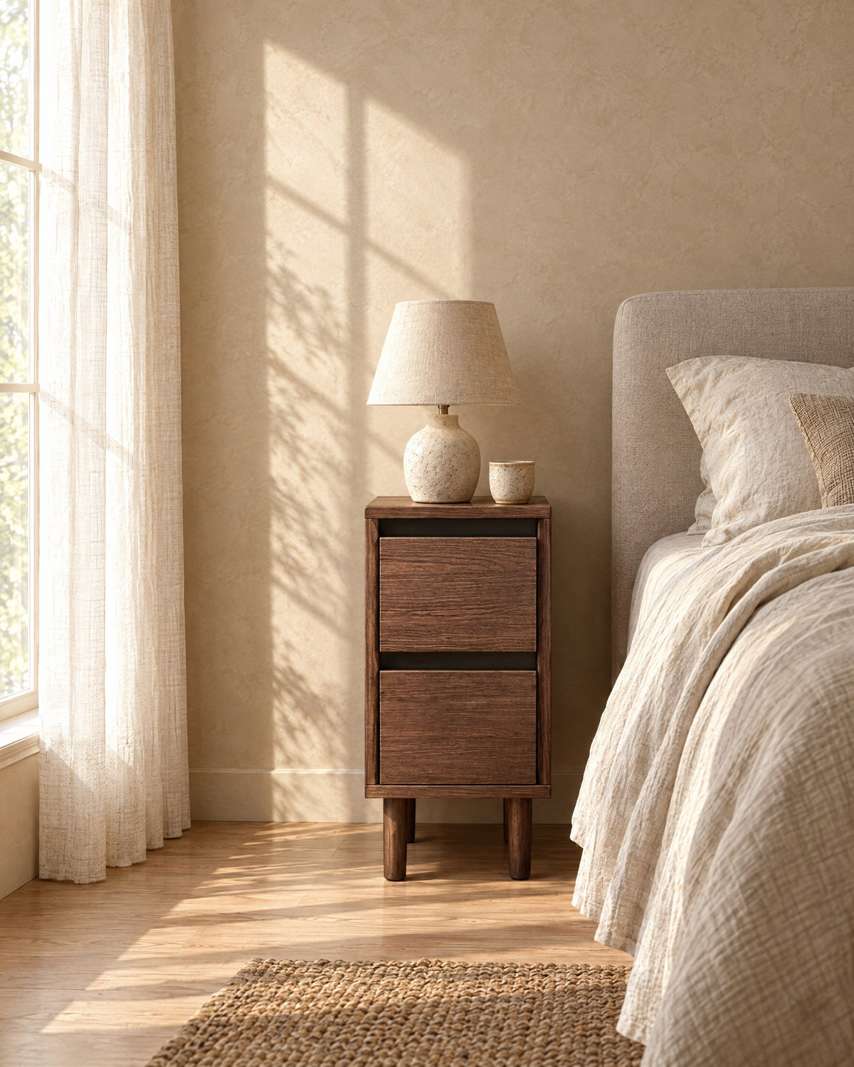Narrow walnut-effect bedside table with a ceramic lamp in morning light