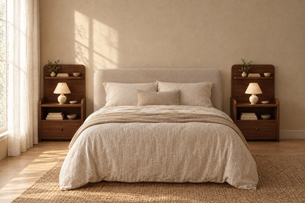 Pair of narrow walnut bedside tables on each side of a double bed