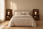 Pair of narrow walnut bedside tables on each side of a double bed