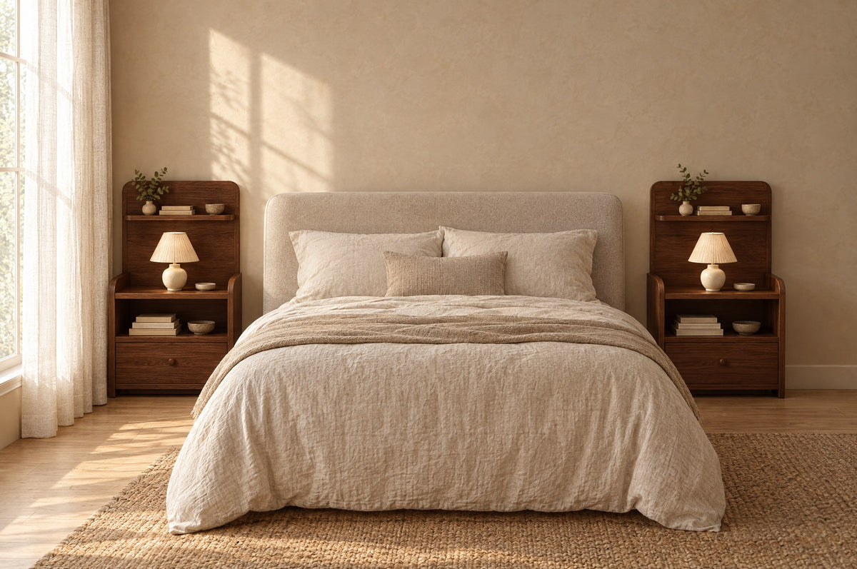 Pair of narrow walnut bedside tables on each side of a double bed
