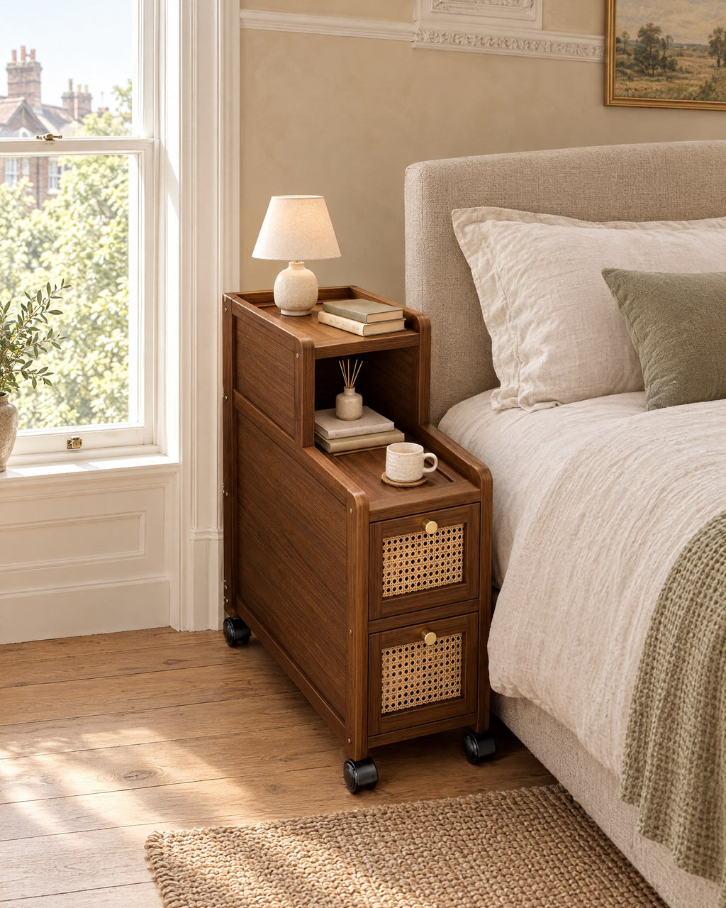 Narrow rattan bedside cabinet on castors beside a linen bed in a British bedroom