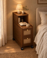 Narrow walnut and rattan bedside cabinet with a lamp switched on and an open book in the evening
