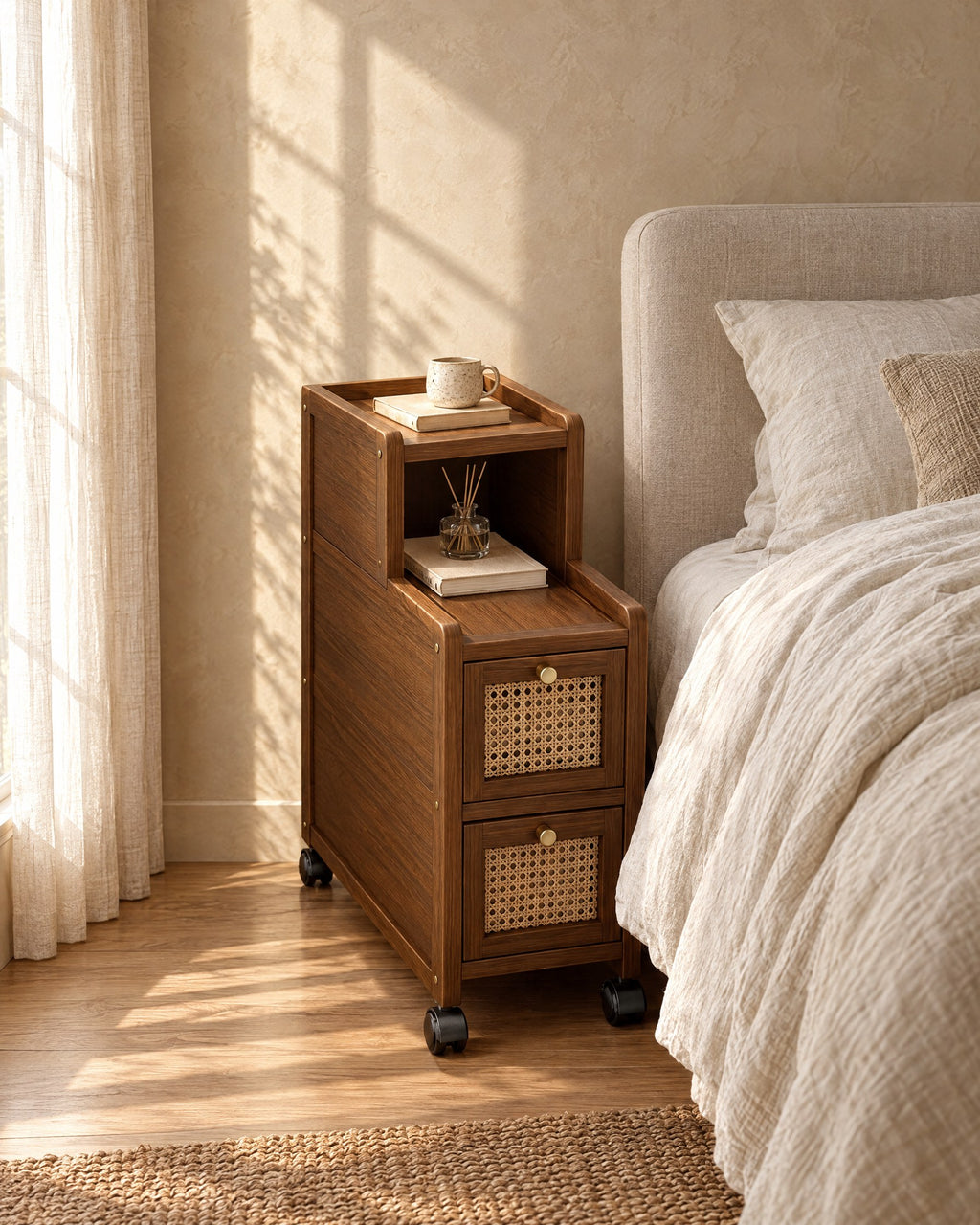 Narrow walnut bedside cabinet with rattan drawers in morning light