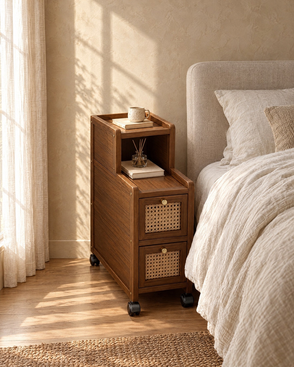 Narrow walnut bedside cabinet with rattan drawers in morning light