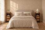 Pair of narrow rattan bedside cabinets on each side of a double bed